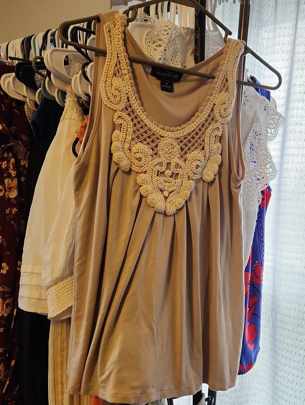 August Silk Womens Beige Crochet-Trim Sleeveless Top